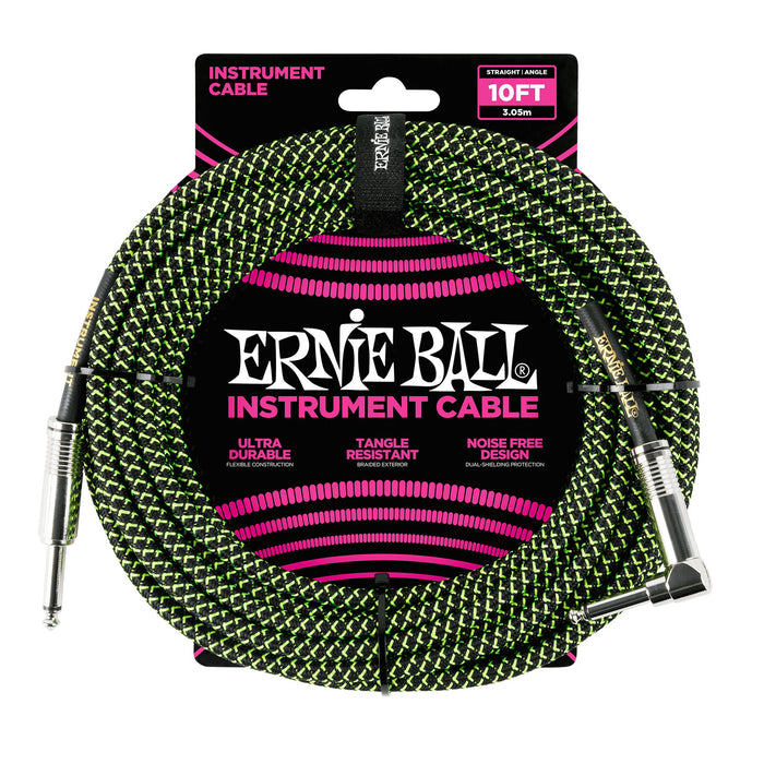 Ernie Ball Braided Instrument Cable, Straight / Right Angle 10ft, Green & Black