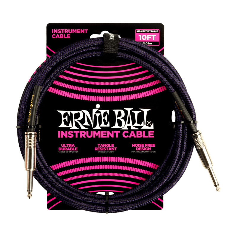 Ernie Ball Braided Instrument Cable, Straight / Straight 10ft, Purple & Black