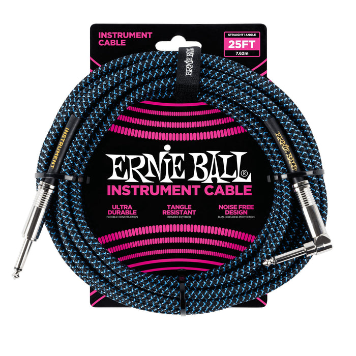 Ernie Ball Braided Instrument Cable, Straight / Straight 25ft, Blue & Black