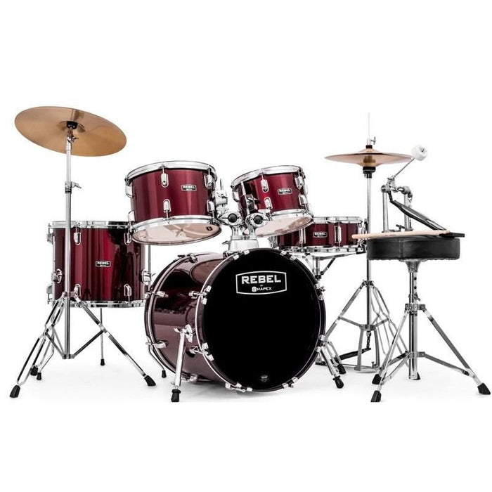 Mapex Rebel, 20" Bass Drum,  5-piece Drum Set with Hardware and Cymbals, Dark Red