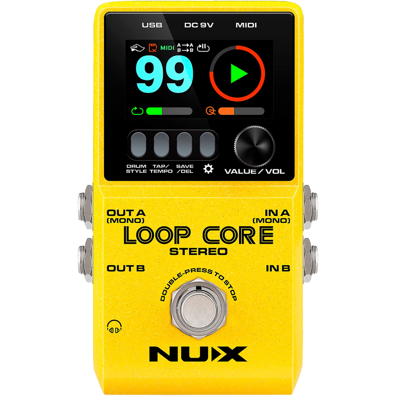 NUX Loop Core Stereo Looper with MIDI and Drum Patterns Effects Pedal, Yellow