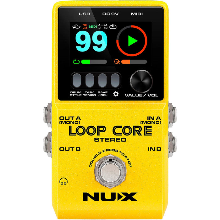 NUX Loop Core Stereo Looper with MIDI and Drum Patterns Effects Pedal, Yellow