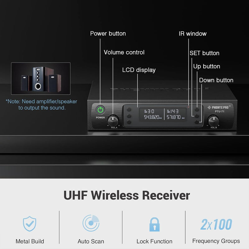 Phenyx Pro PTU-71-2H Dual Wireless Handheld Microphone System, 100 UHF Frequencies 530-580MHz