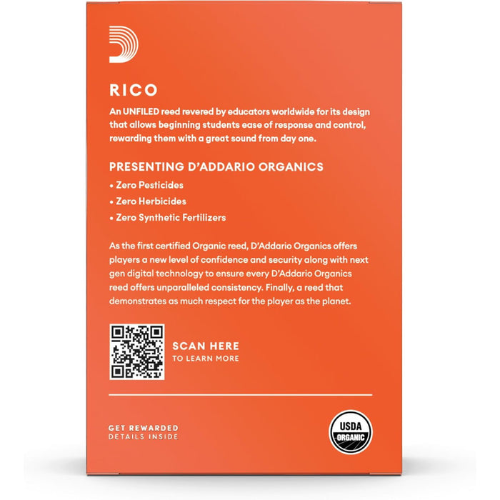 Rico Organic Bb Clarinet Reeds, Strength 2.5, Pack of 10