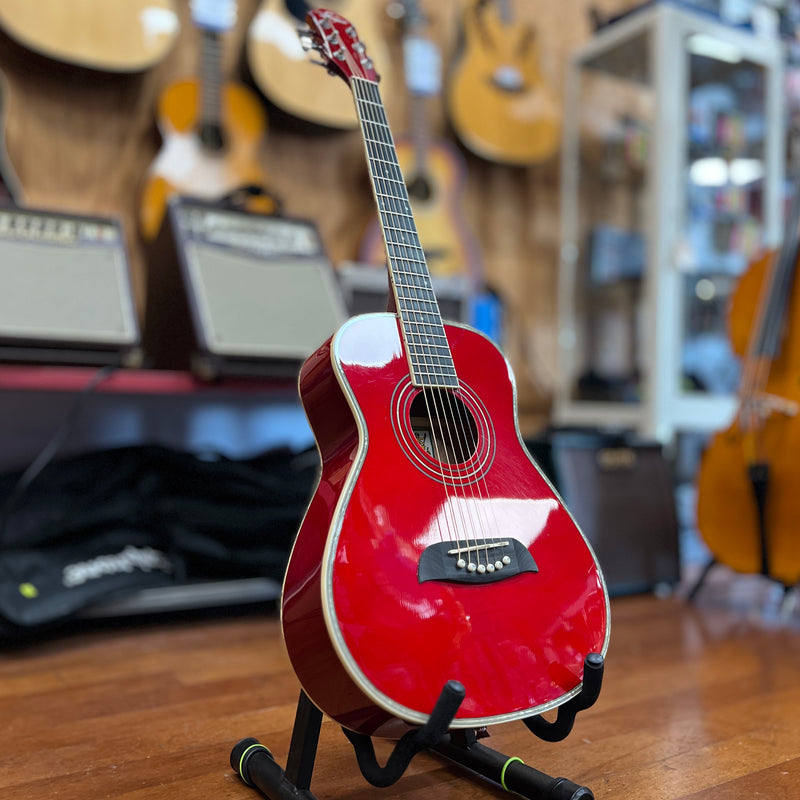 USED Oscar Schmidt OGHS TR 1/2 Size Dreadnought Acoustic Guitar, Transparent Red