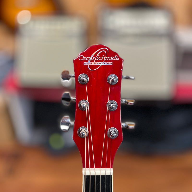 USED Oscar Schmidt OGHS TR 1/2 Size Dreadnought Acoustic Guitar, Transparent Red