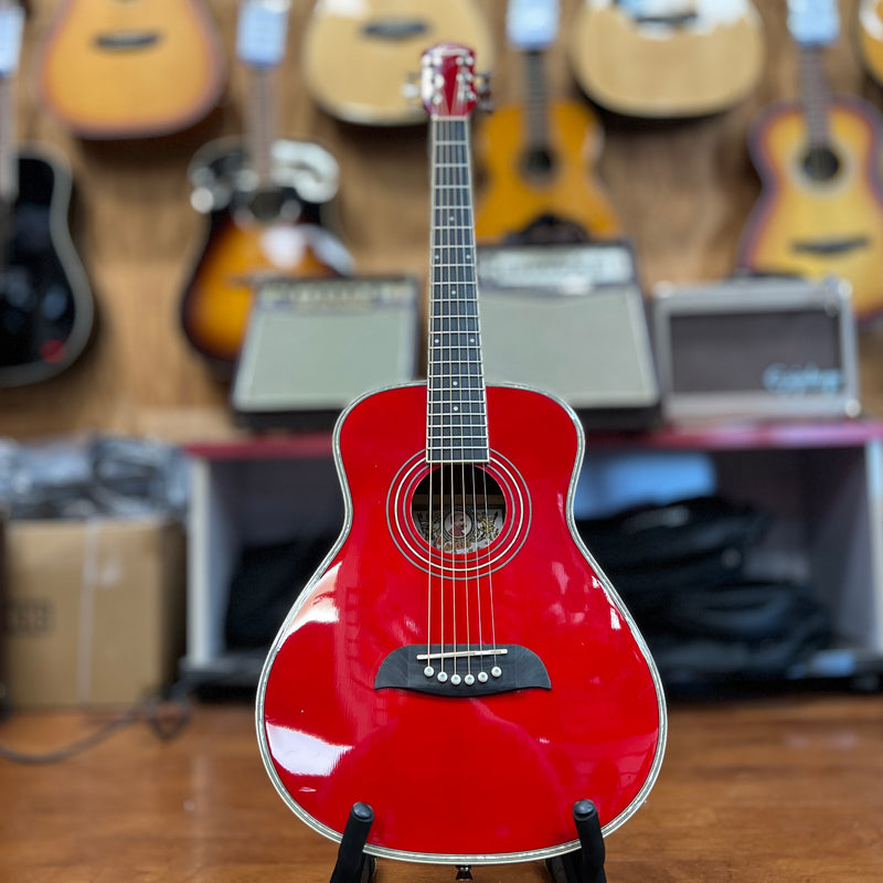 USED Oscar Schmidt OGHS TR 1/2 Size Dreadnought Acoustic Guitar, Transparent Red