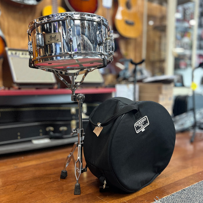 USED Pearl Steel Shell Snare Drum Outfit w/ Bag and Stand