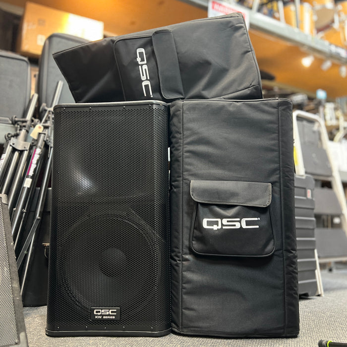 USED QSC KW152 15" 1,000W Active 2-Way Loudspeakers  PAIR w/ QSC Covers