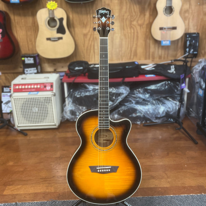 USED Washburn EA15ATB Festival Mini Jumbo: Flame Maple Top, Tobacco Burst Finish
