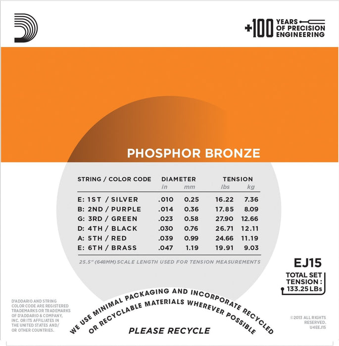 D'Addario EJ15 Phosphor Bronze Acoustic Guitar Strings, Extra Light, 10-47-Dirt Cheep