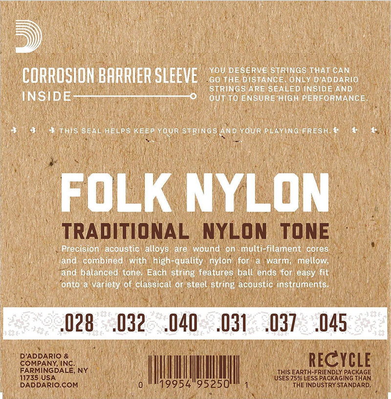 D'Addario EJ32 Folk Nylon Guitar Strings, Ball End, Silver Wound/Black Nylon Trebles-Dirt Cheep