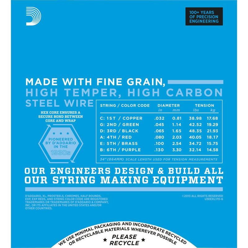 D'Addario EXL170-6 6-String Nickel Wound Bass Guitar Strings, Light, 32-130, Long Scale